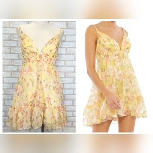 Mac Duggal Floral Birds Empire Waist Ruffle V Neck Mini Dress Size 4